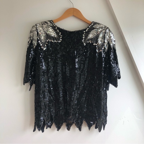 VTG ROYAL FEELINGS blouse Silk Bead sequin Black Silver DYNASTY SZ M 80s Formal - Picture 9 of 13